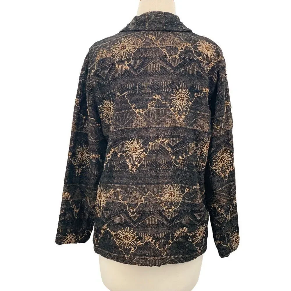 Chico's Design LS Button Front‎ Silk Blend Jacket Black/Tan Beaded Embroidered M